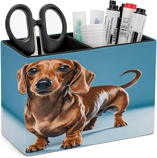 Rectangle Pen Holder Dachshund Dog Desk Organizer Pencil Cup | PU Leather Desktop Caddy Container Case with 2 Slots, Stationery Pens Remotes Makeup Brushes Essentials Home Office Supply