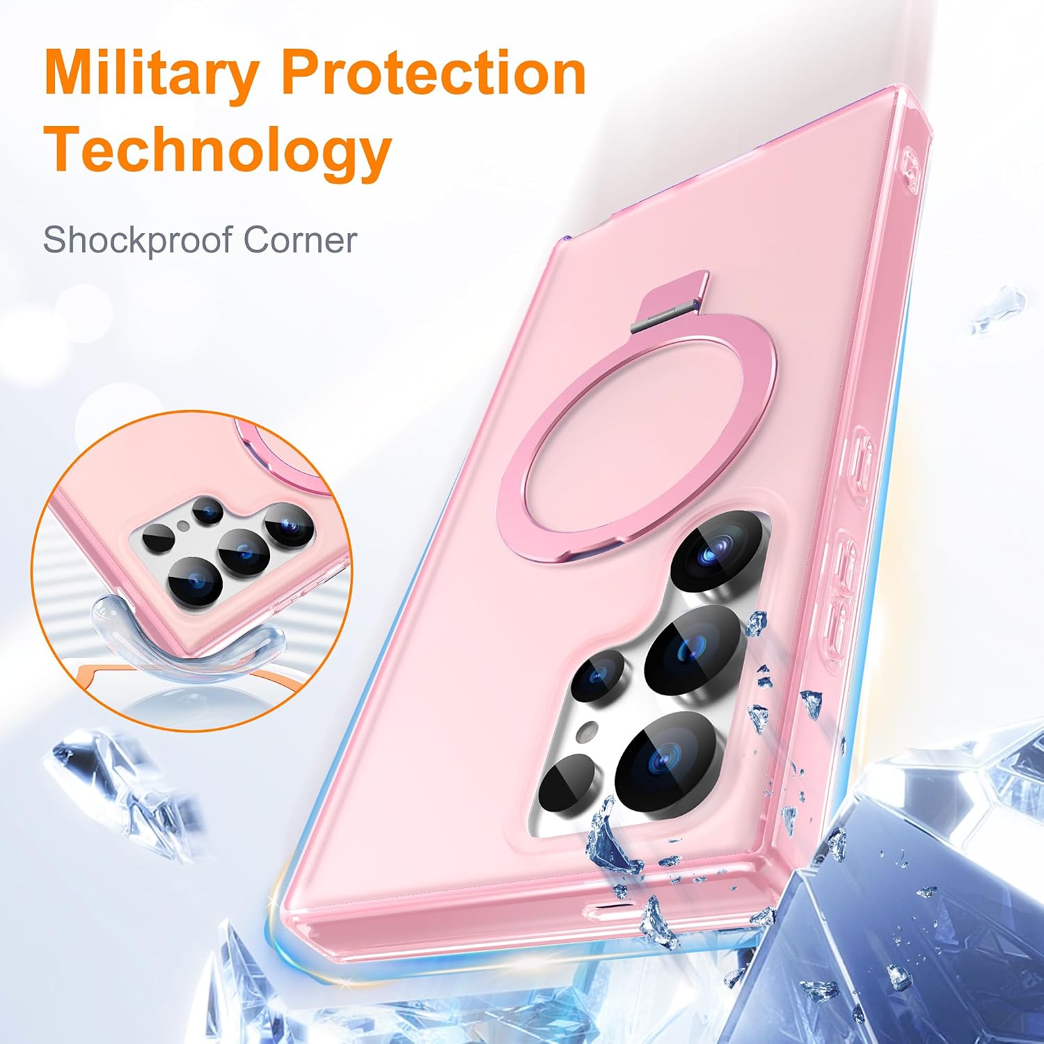 for Samsung Galaxy S24 Ultra Case with Magnetic Invisible Ring Stand, Compatible with Mag-Safe, 2 in 1 Translucent Matte Shockproof Protective S24 Ultra Phone Case for Women Men, Pink
