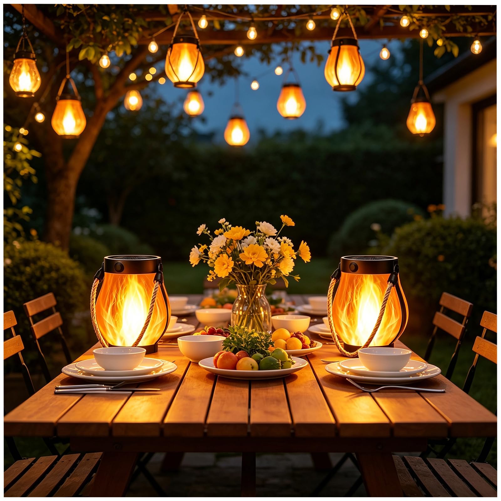 2 Pack Solar Outdoor Lantern Lights, Dual Solar & USB Charging Vintage Flame Effect Lantern with Auto Dusk to Dawn Sensor, 2 Lighting Modes Metal Hanging Lights for Garden Patio Camping
