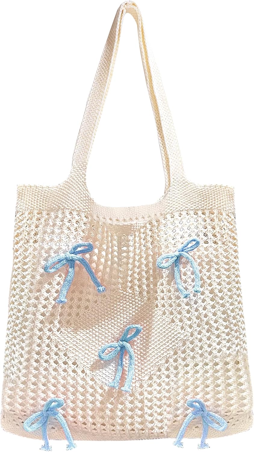 Rizzco Crochet Beach Tote Bag for Women with Bow, Straw Shoulder Bag, Summer Vacation Handbag