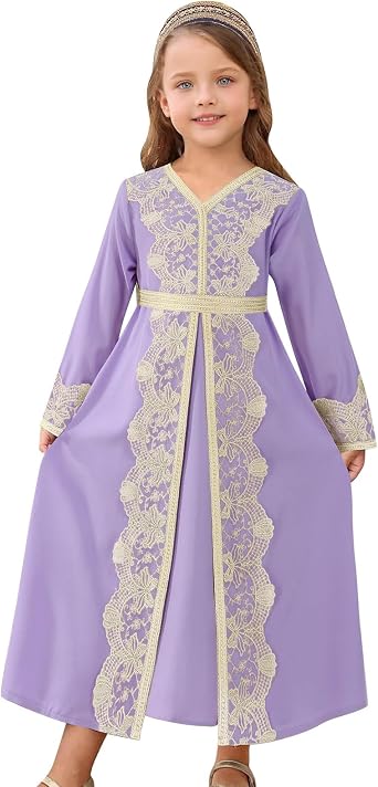 FYMNSI Kids Girls Muslim Abaya Dress Modest Lace Belted Prayer Dress Islamic Maxi Robe Kaftan Ramadan Arabian Dubai Clothes