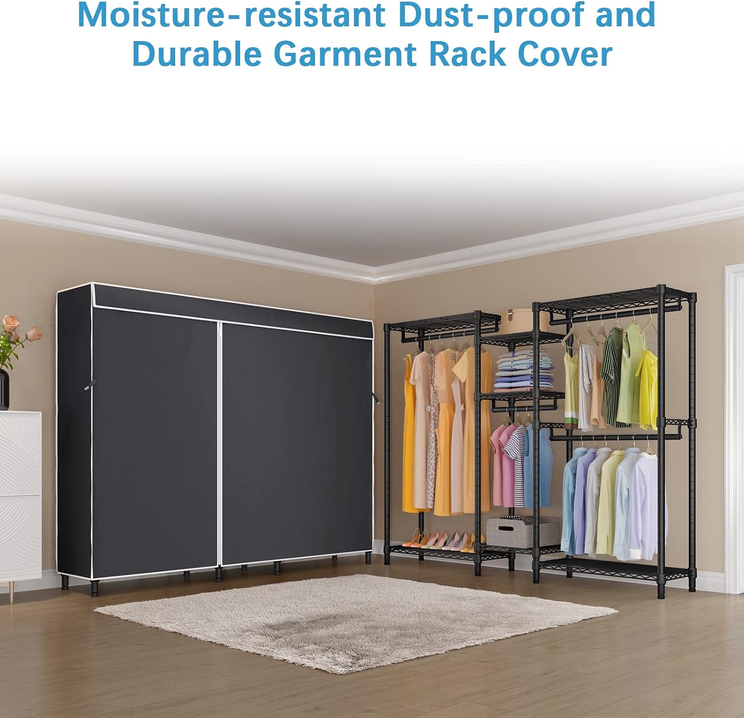 VIPEK V6C Heavy Duty Covered Clothes Rack 5 Tiers Wire Garment Rack Large Size Wardrobe Closet Black Metal Clothing Rack with Black Oxford Fabric Cover, 75.6" L x 18.5" W x 76.8" H, Max Load 780 LBS
