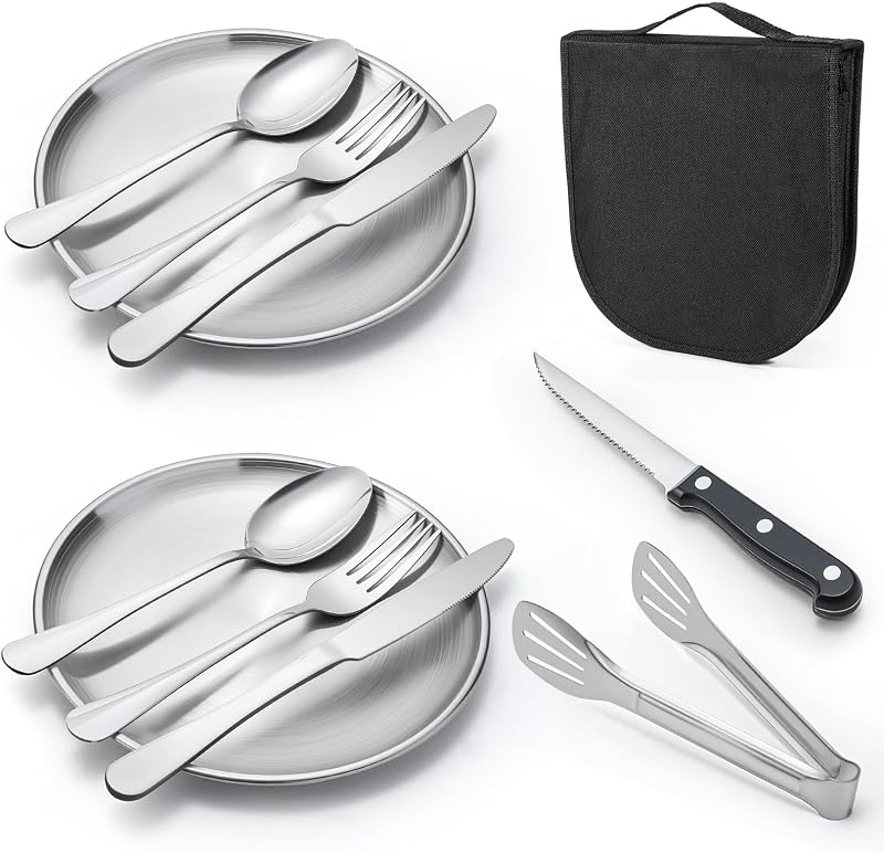 Outdoor Camping and Picnic Tableware Set, Stainless Steel Knives, Forks, Spoons, Plates, Food Tongs, Portable Tableware Set with Storage Bag