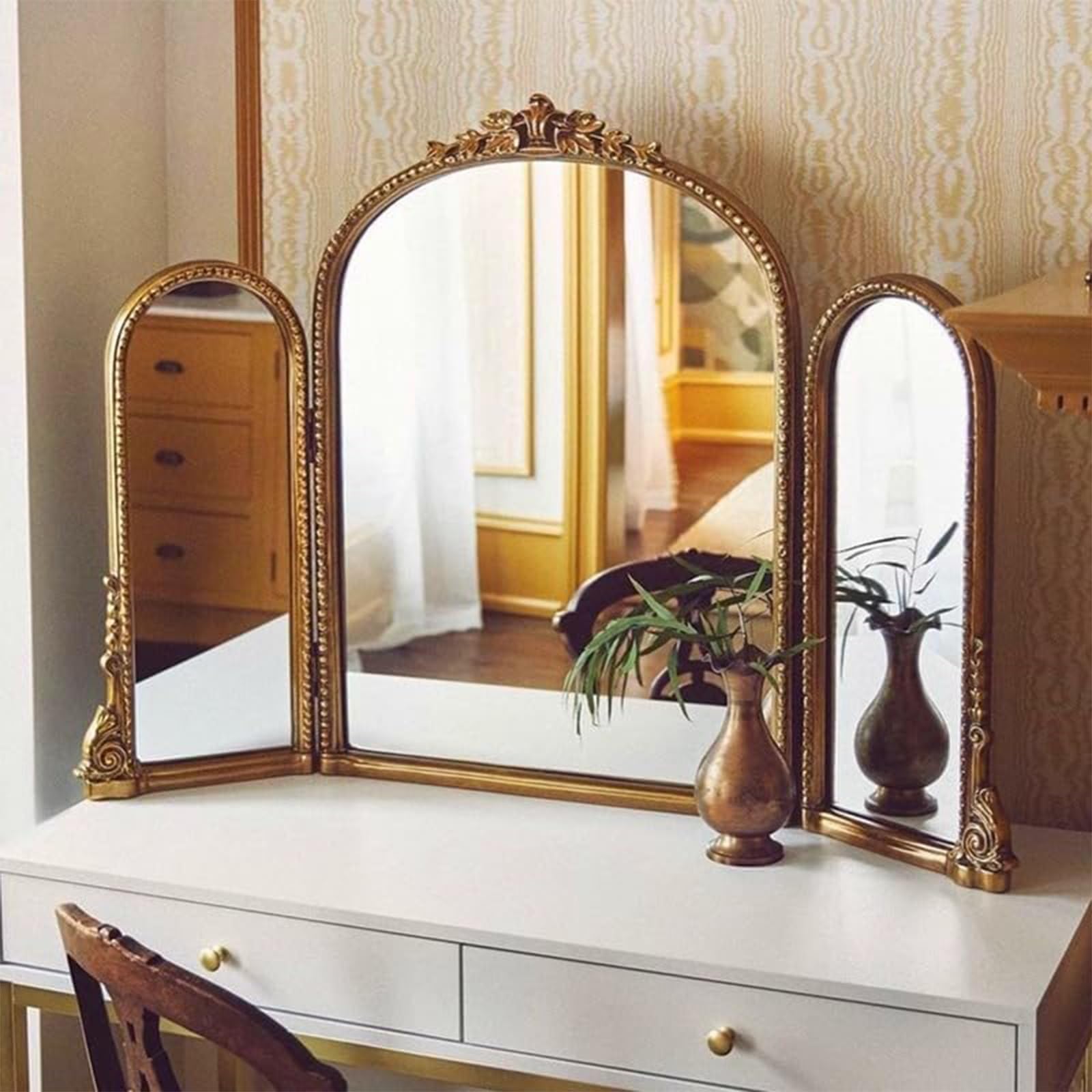 gold ornate arched triple dressing table mirror Gold Ornate Arched Triple Dressing Table Mirror 80cm x 56cm vanity make up