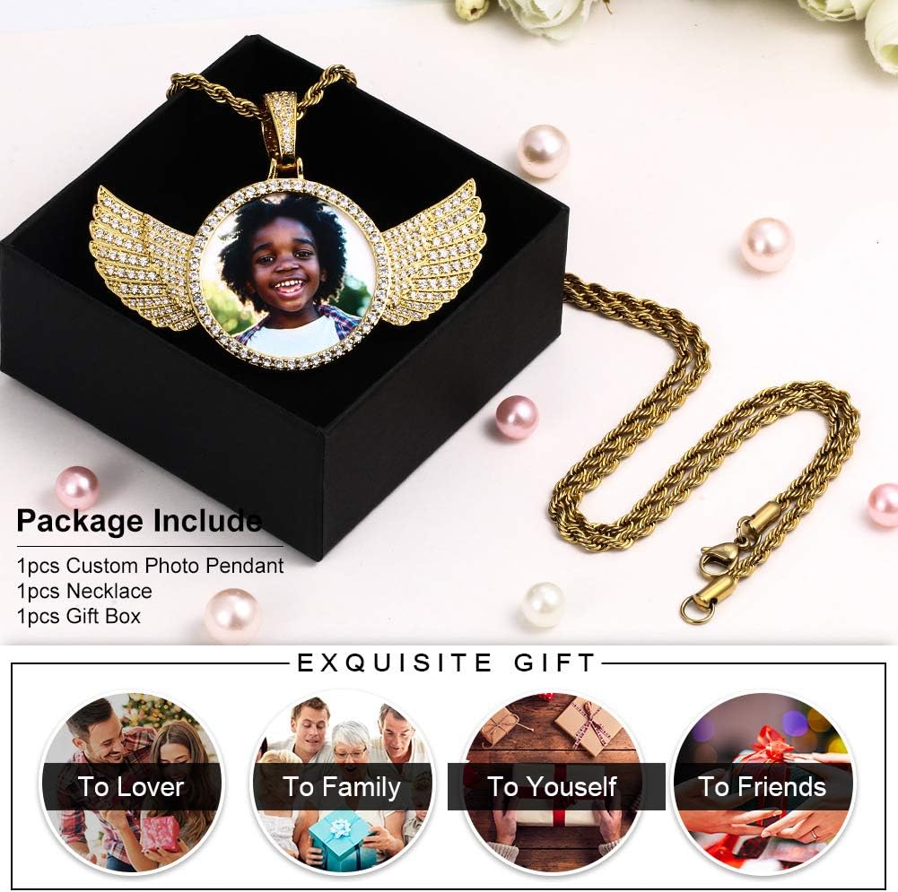 Angel Wings Necklace With Picture Inside Custom Picture Necklace Personalized Photo Pendant For Men Women 18K Gold Plated Customized Memorial Chains CZ Silver Diamond Rip Necklaces Birthday Gifts