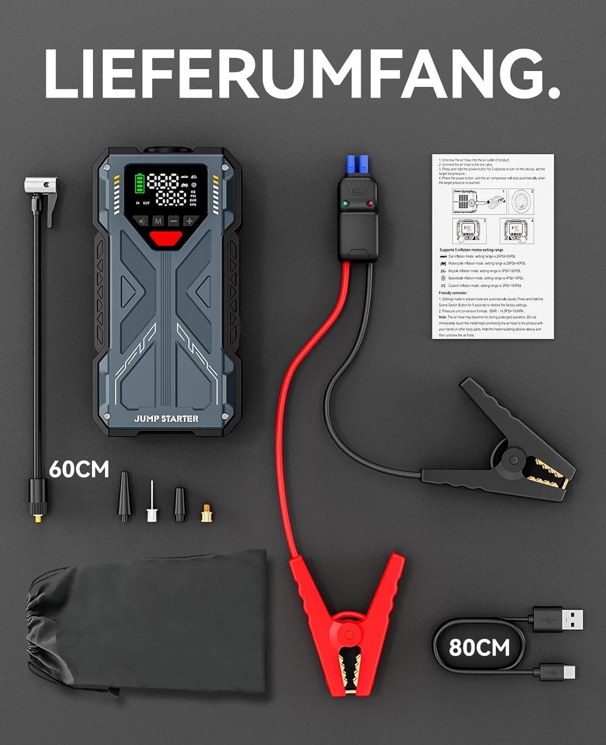 Starthilfe Powerbank 8000A für PKW, Auto Starthilfe mit Kompressor 150PSI, 12V Batterie Booster Jumpstarter für Alle Benzin/10L Diesel mit LED Display & Starterkabel, Frauen
