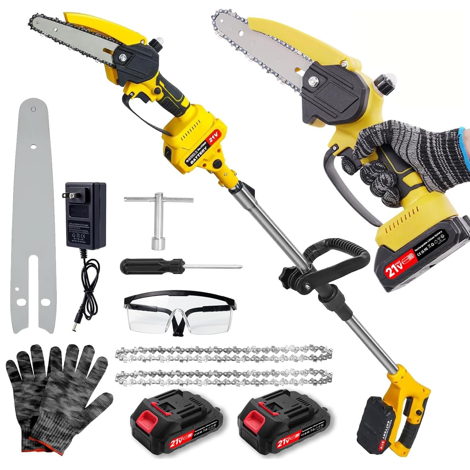 2 en 1 Podadora Altura con Batería, Sierra de Cadena 6'' y Podadora Eléctrica con 2×2.0Ah Batería, Vástago Extensible Hasta 1.72m, Podadora Altura para Ramas de Árbol y Corte de Madera