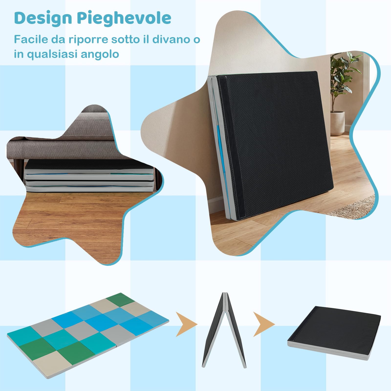 COSTWAY Tappeto Gioco Pieghevole, 144 x 144 cm, Tappetino da Ginnastica con Pelle Impermeabile, Tappeto da Pavimento per Cameretta (Blu+Verde)