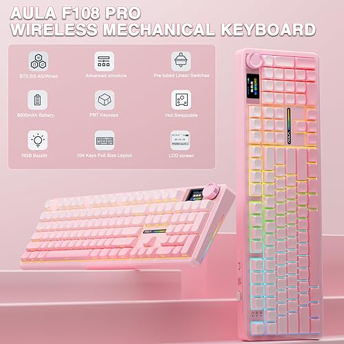Miniatura 2 de AULA F108 PRO - Teclado mecánico inalámbrico con pantalla y perilla, teclado de tamaño completo con batería de 8000 mAh, interruptores