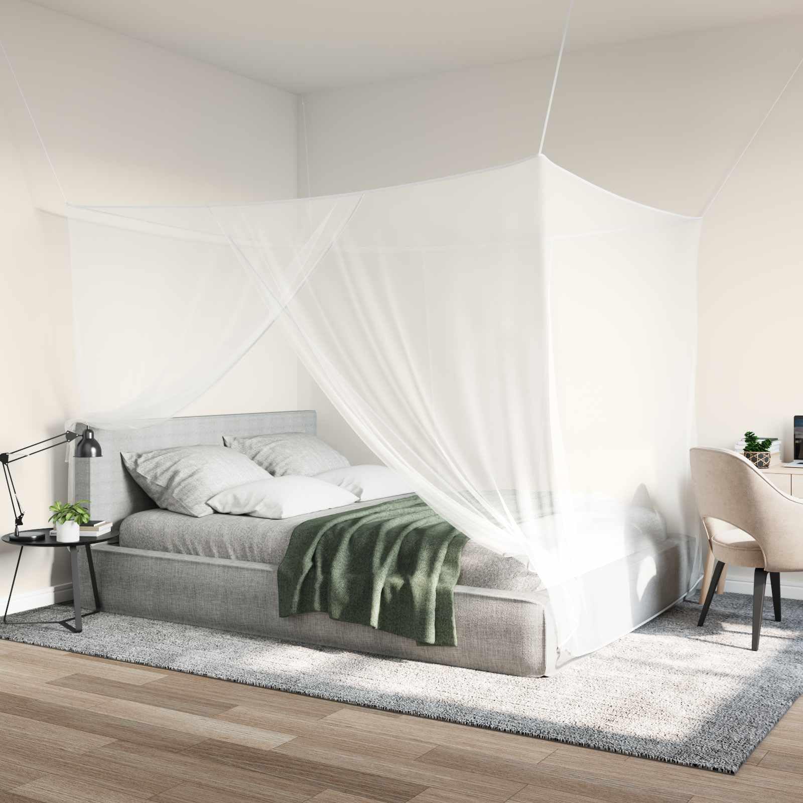 Moskito Netz für Bett aus Polyester, 156 Maschen, 3er Set Weiß, 220 x 180 x 180 cm, mit genähter Öffnung, für Schlafzimmer und Innenbereich, leichte Belüftung