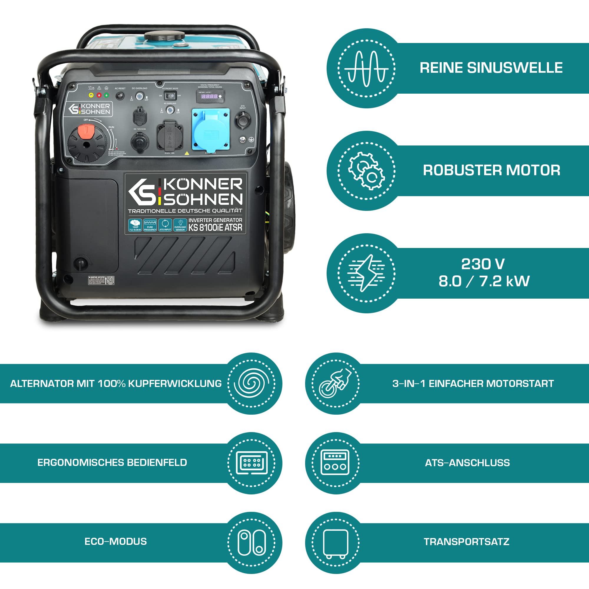 K&S Könner&Söhnen KS 8100iE ATSR Invertergenerator Benzin-Inverter-Generator, Stromerzeuger Höchstleistung 8,0 kW, 2 USB-Anschlüsse,Kupferwicklung, Kurzschluss- und Überlastschutz, EURO V