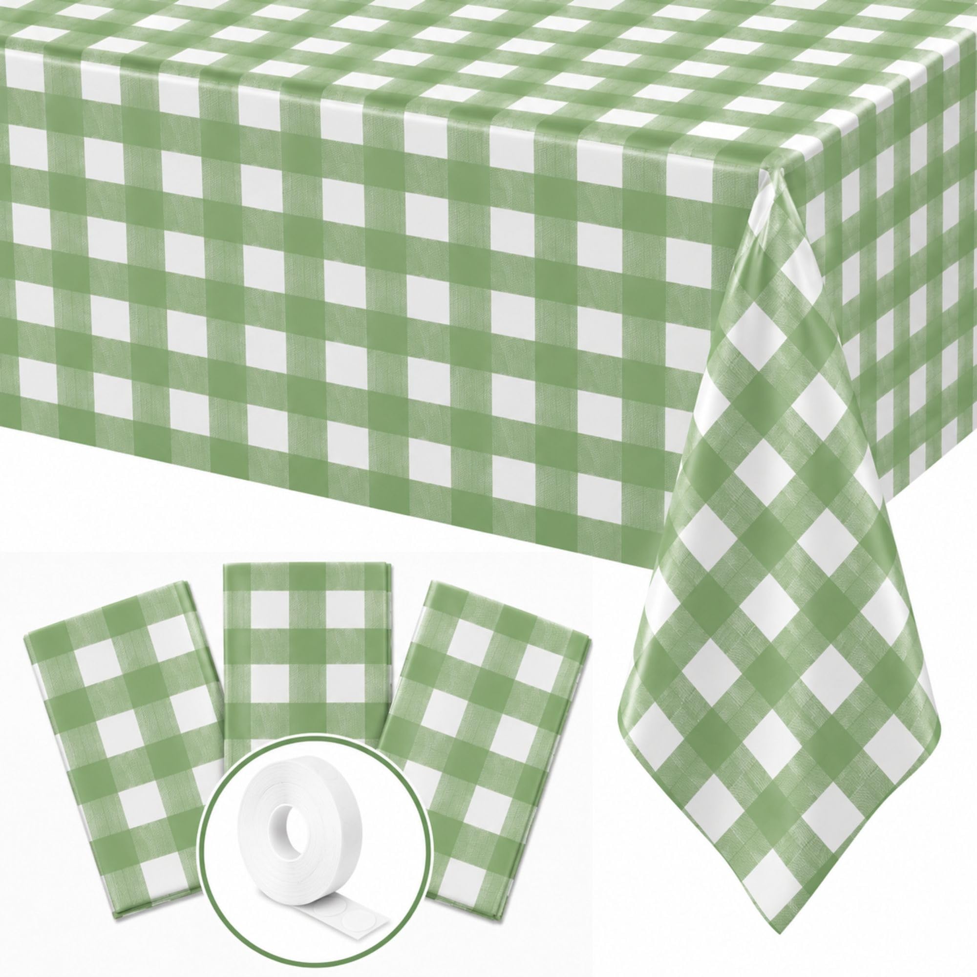 Blue Orchards Sage Green Gingham Table Cover (Pack of 3 with 20 Glue dots) - 54"x108" XL - Sage Green and White Checkered Picnic Tablecloth, Baby Shower Decoration, Outdoor Birthday Party Supplies