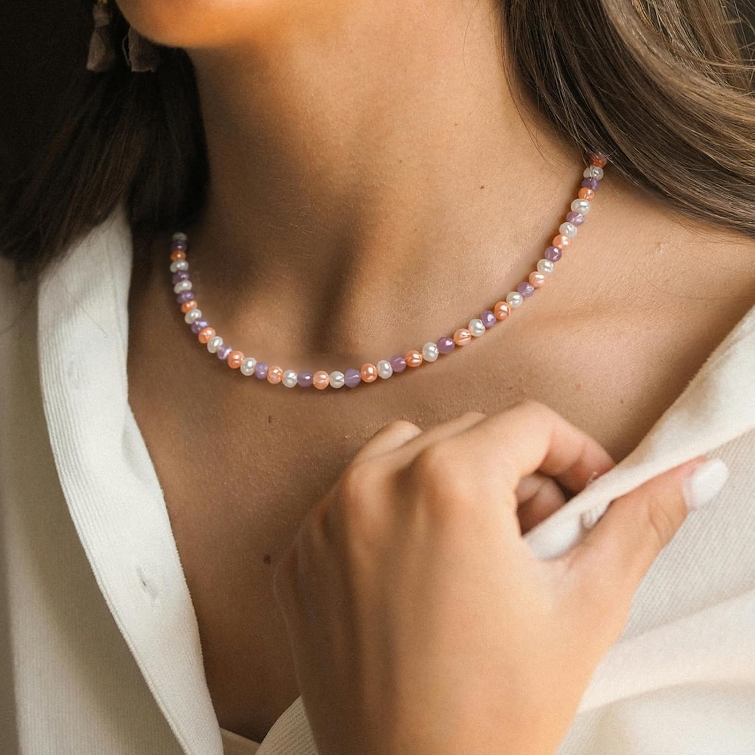 Natural Pearls Choker Necklace for Women Freshwater Baroque Pearl Strand Necklace Chain Cultured Baroque Pearl 18K Gold Plated & S925 Sterling Silver Clasp Choker - Image 2