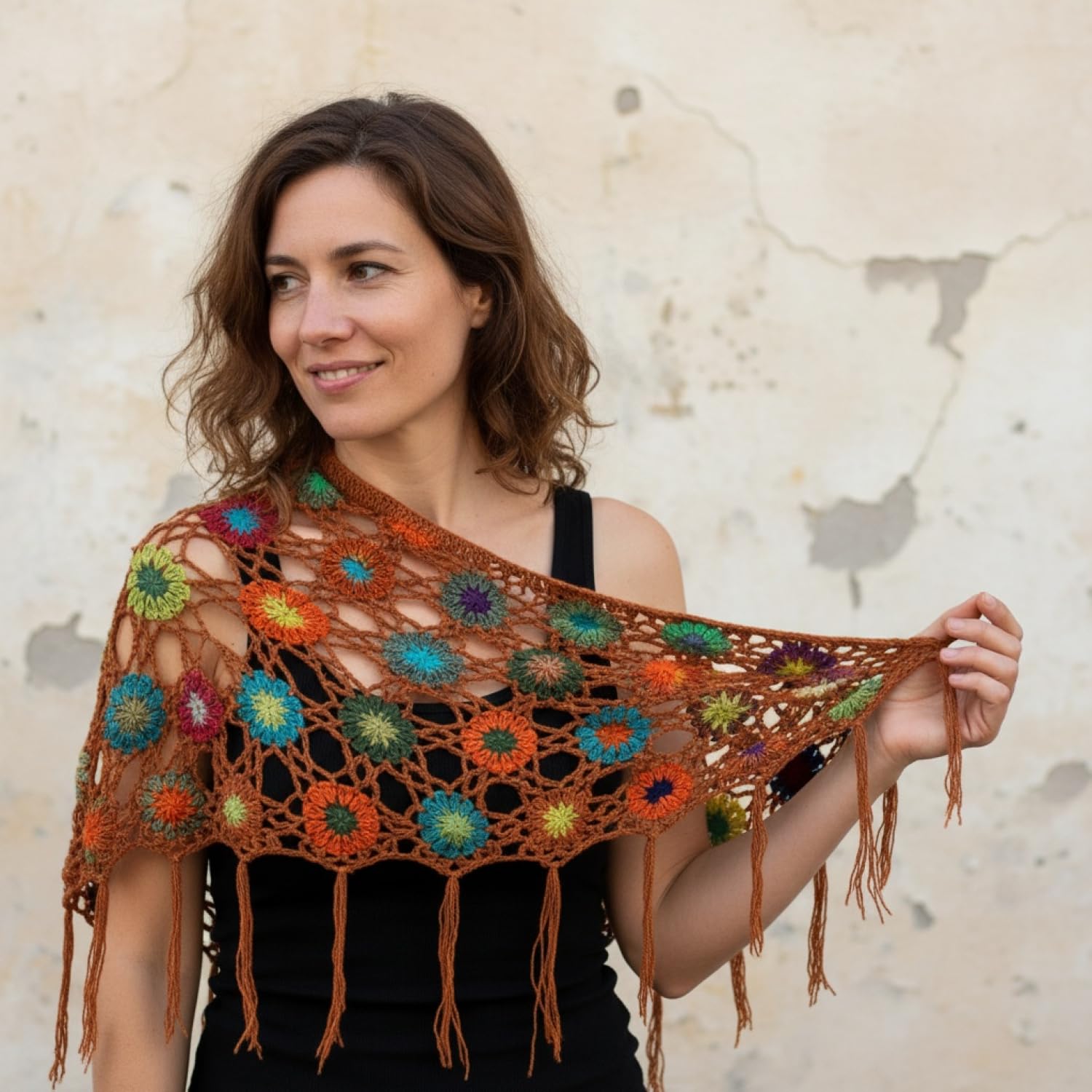 GURU SHOP Häkelstola, Hippie Blümchen Häkelschal, Dreieckstuch, Boho, lemon | 100% Baumwolle, handgefertigt, vielseitig einsetzbar, Unikat, modisch