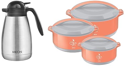 MILTON Divine Jr Inner Steel Casserole Gift Set of 3, Orange & Milton Thermosteel Carafe 1500 ML - Steel Plain
