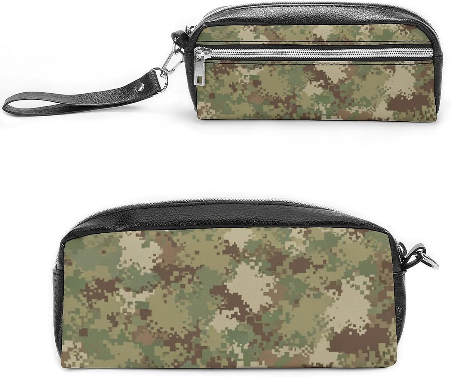 Leather Pen Box Organizer, Professional Storage Artist Office Supply Zipper Case Accessories, Green Camo Army Solider Camouflage Cosmetic Bag