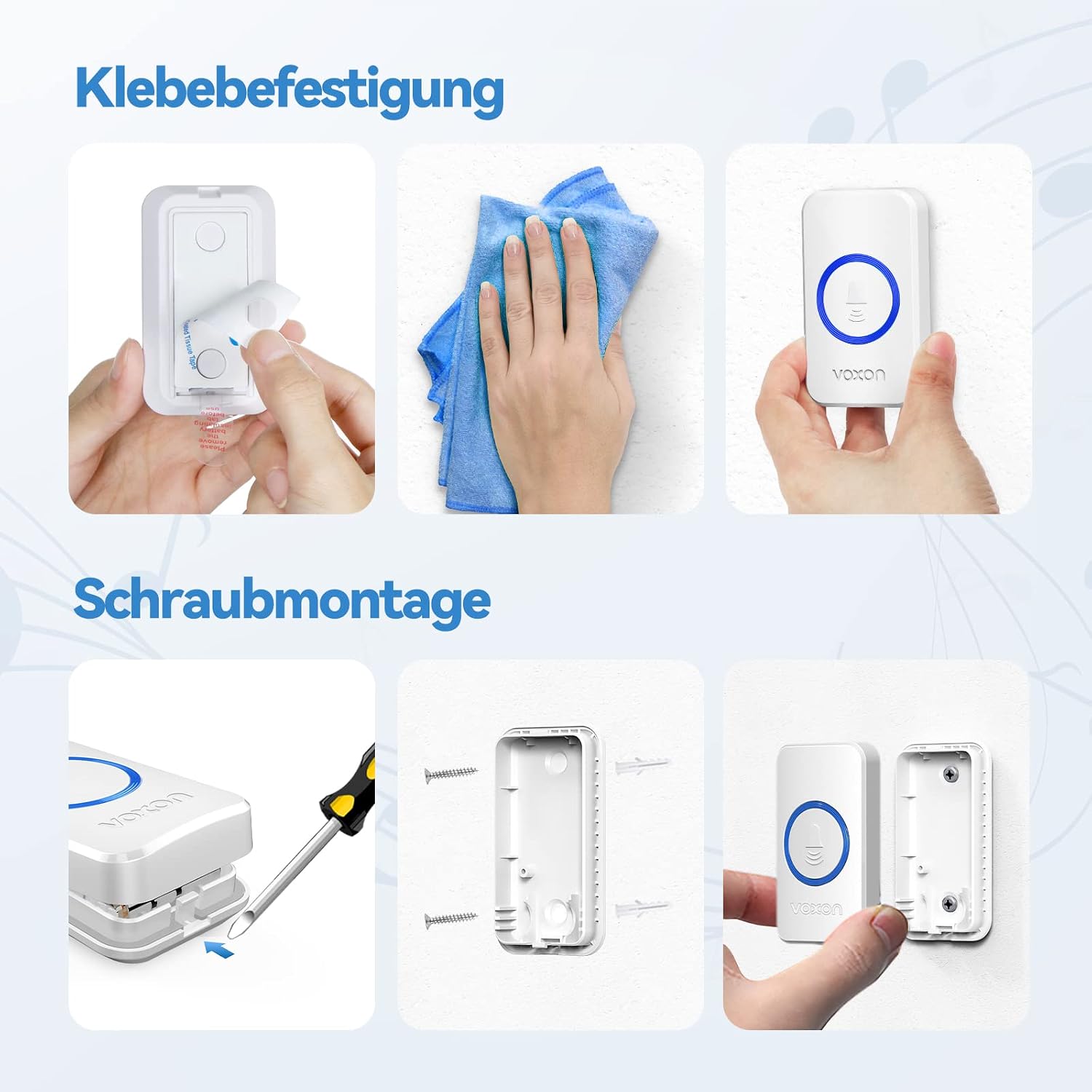 Two methods for installing the doorbell transmitter: adhesive tape and screw mounting.