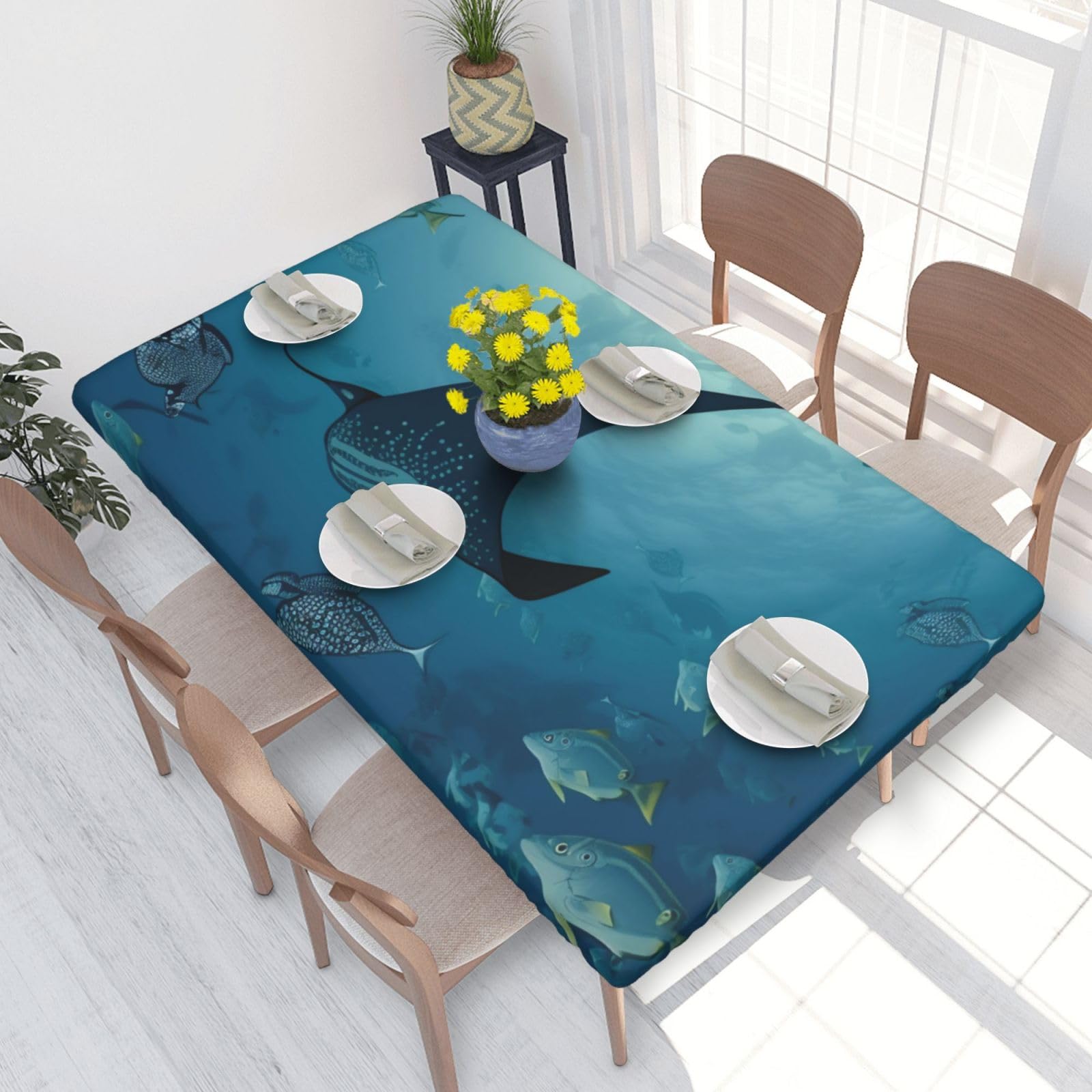 WPKJU Manta Ray and Fish Printed Tablecloths 4ft Rectangular Table Covers Washable Polyester Decorative Table Cloth for Dining Table Picnic Wedding