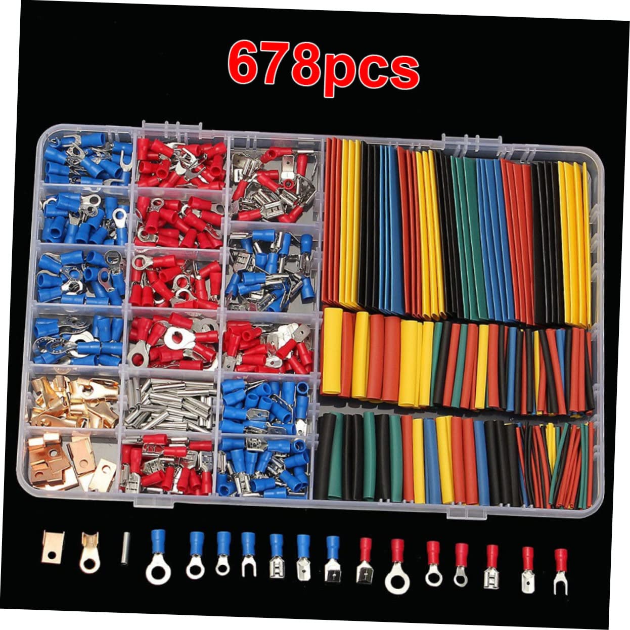 Unomor 678Pcs Wire Terminals Crimp Connector Set with Heat Shrink Tubes Insulated Electrical Connectors for Auto Mechanics Garages and Workshops Compact Storage Case Included