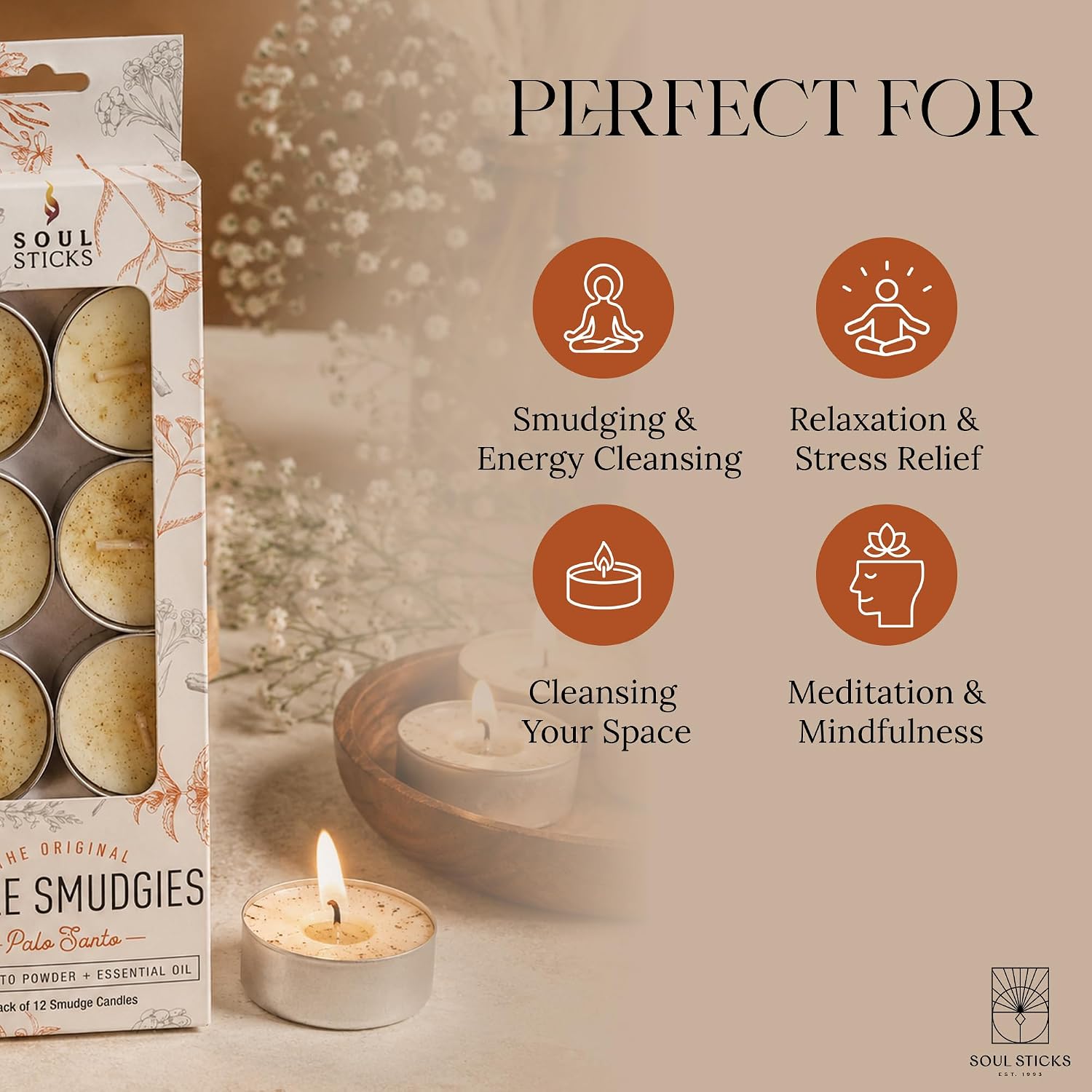 SOUL STICKS 12 Pack Little Smudgies Tealight Candles Smudge Candle for Cleansing House, Meditation, Chakra Healing | Made with Crystals and Herbs (Palo Santo)