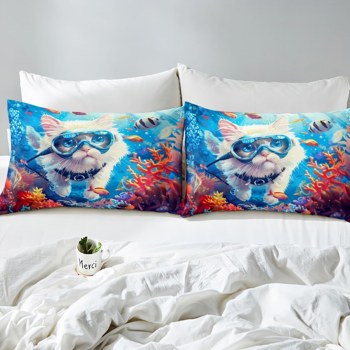 Cartoon Cat Kid Fitted Sheet Twin Size,Coral Fish Marine Animals Ocean Bedding Set,Girls Boys Women Room Decor,Ragdoll Swim Dive Sea Adventure Bed Cover,Blue Cute Bed Sheet,1 Pillowcase