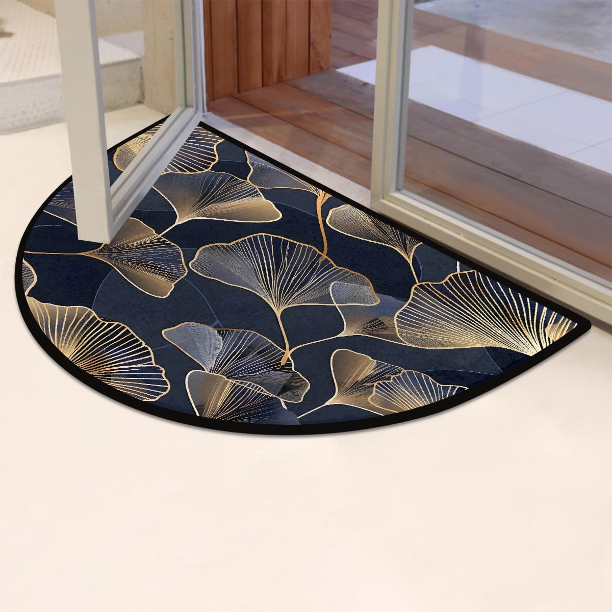 Half Round Door Mat Gold Ginkgo Leaf Abstract Half Moon Rug Washable Half Circle Area Rugs Indoor Entrance Non Slip Semi Circle Bathroom Rugs Floor Carpet for Kithen Bedroom Fireplace Decor