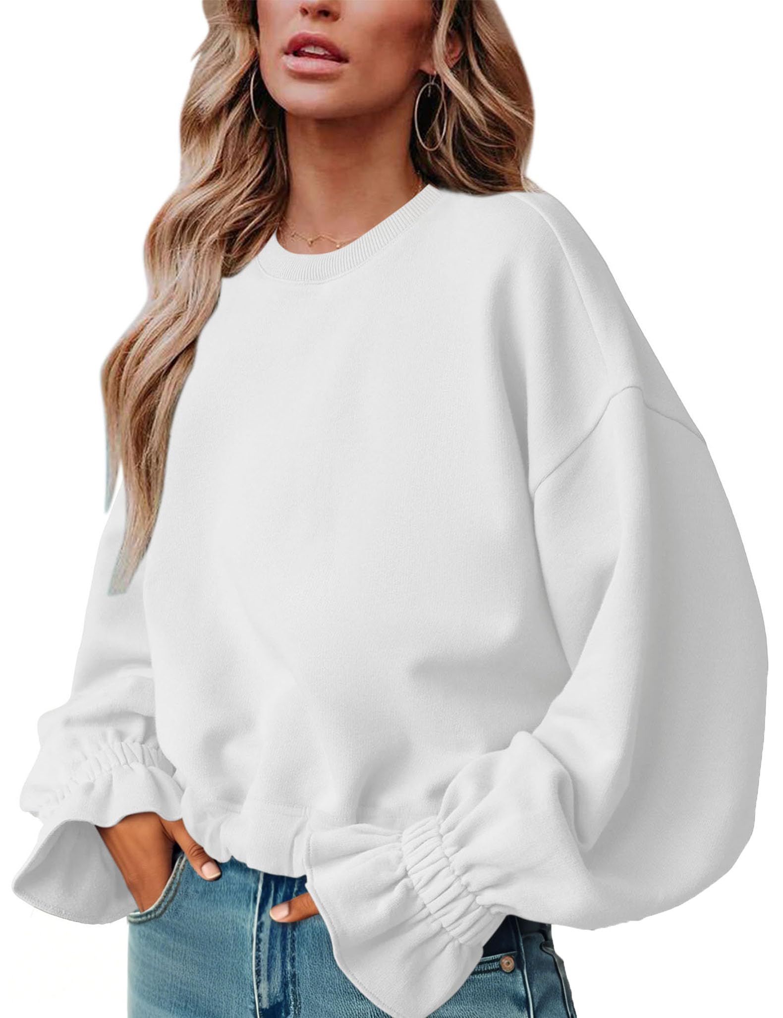 Women's Casual Crew Neck Sweatshirt Long Sleeve Ruched Solid Loose Fitting Pullover Tops-image-48