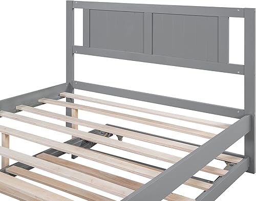 Miniatura 6 de Merax Cama de plataforma de madera de tamaño matrimonial con nido y cabecera ajustables, base de colchónfácil montajesoporte de listones de madera