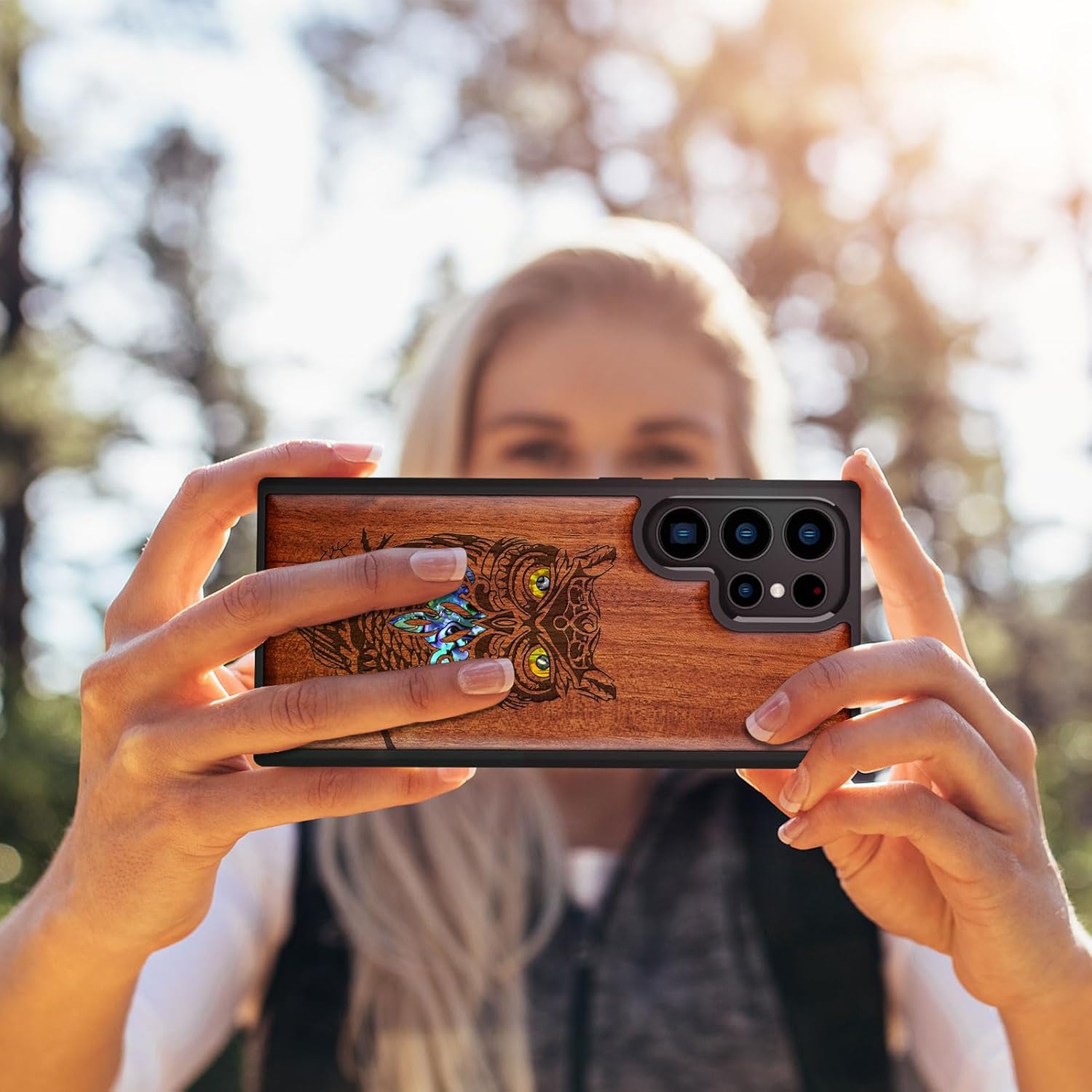 Carveit Designer Wooden Case for Samsung Galaxy S23 Ultra Cover [Wood Engraving & Shell Inlay] Compatible with Wireless Chargers S23 Ultra Case (an Owl Perched on a Branch-Rosy)