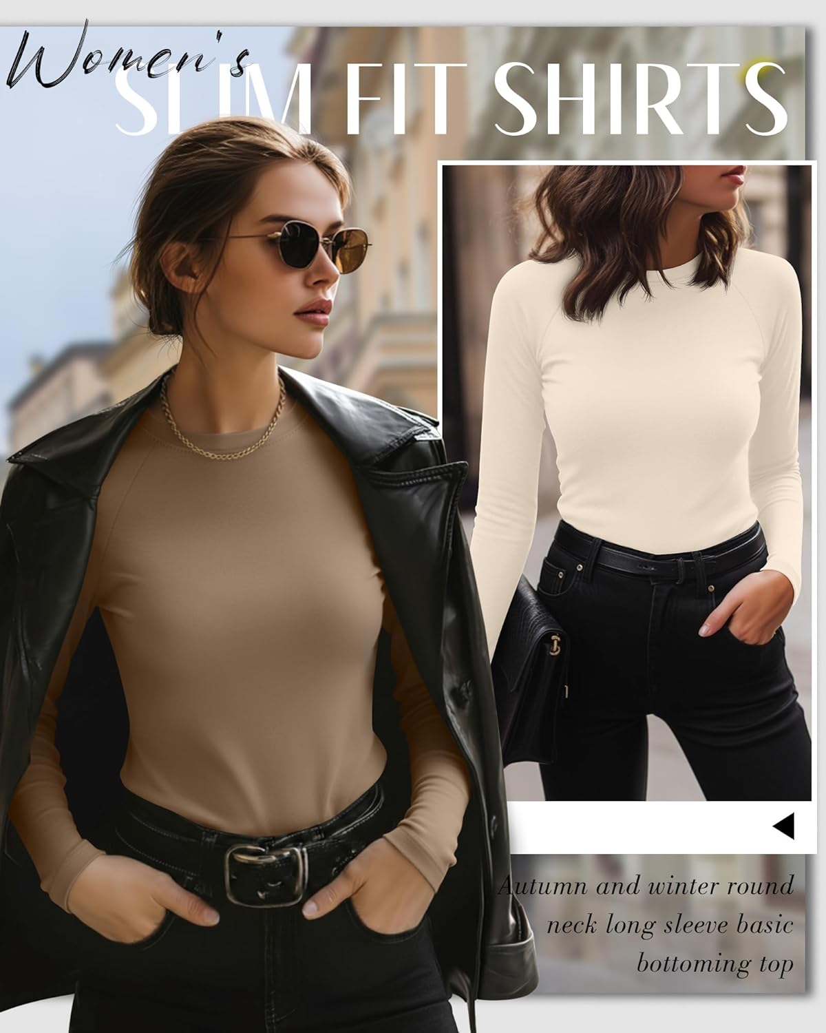 4 Pack Women's Long Sleeve Shirt Slim Fit Crew Neck Tops Casual Basic Stretch Cotton Blend Fall Going Out Outfits - Image 3