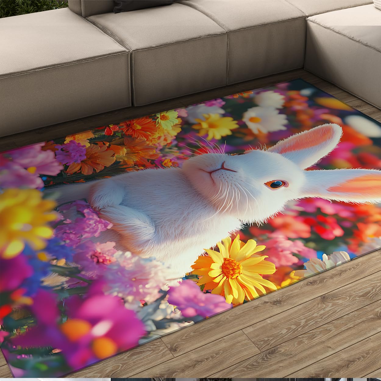 Tapis fins sur le thème printanier lapin blanc et fleurs colorées 80x150
