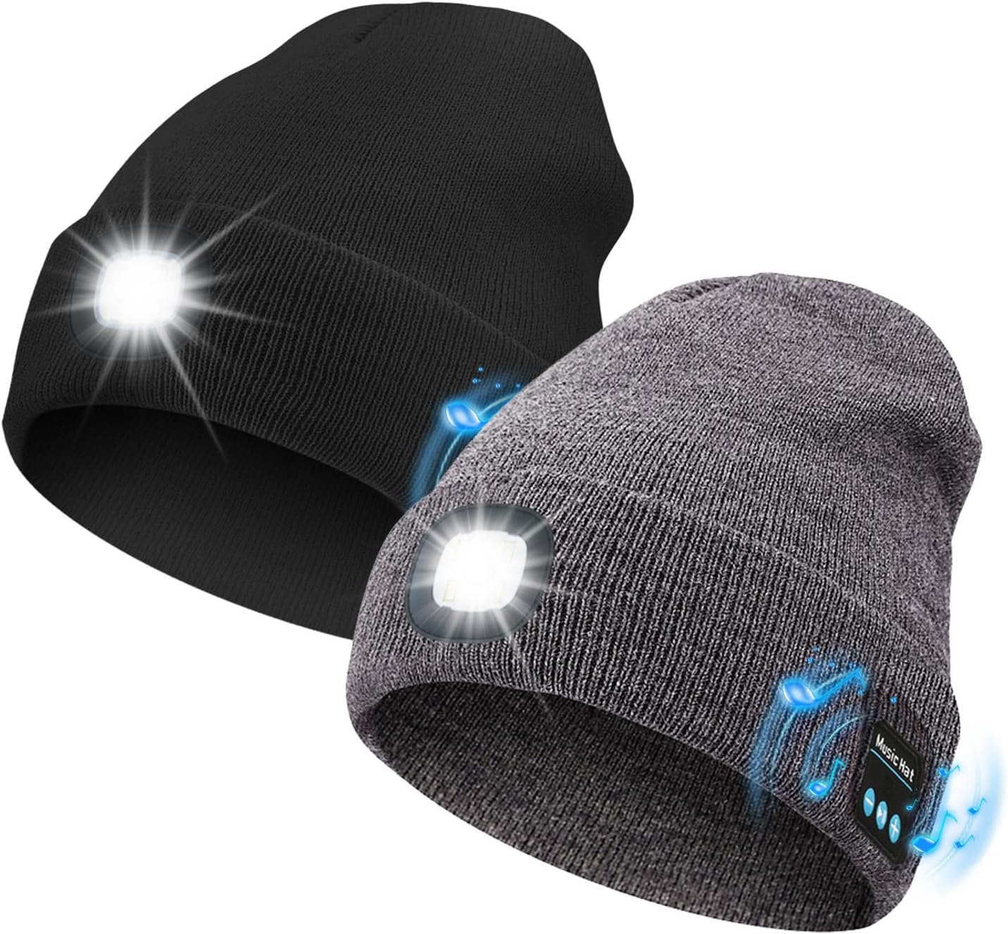 Bluetooth Beanie with Light, USB Rechargeable LED Headlamp Winter Hat, Men Women Valentine's Day Gifts