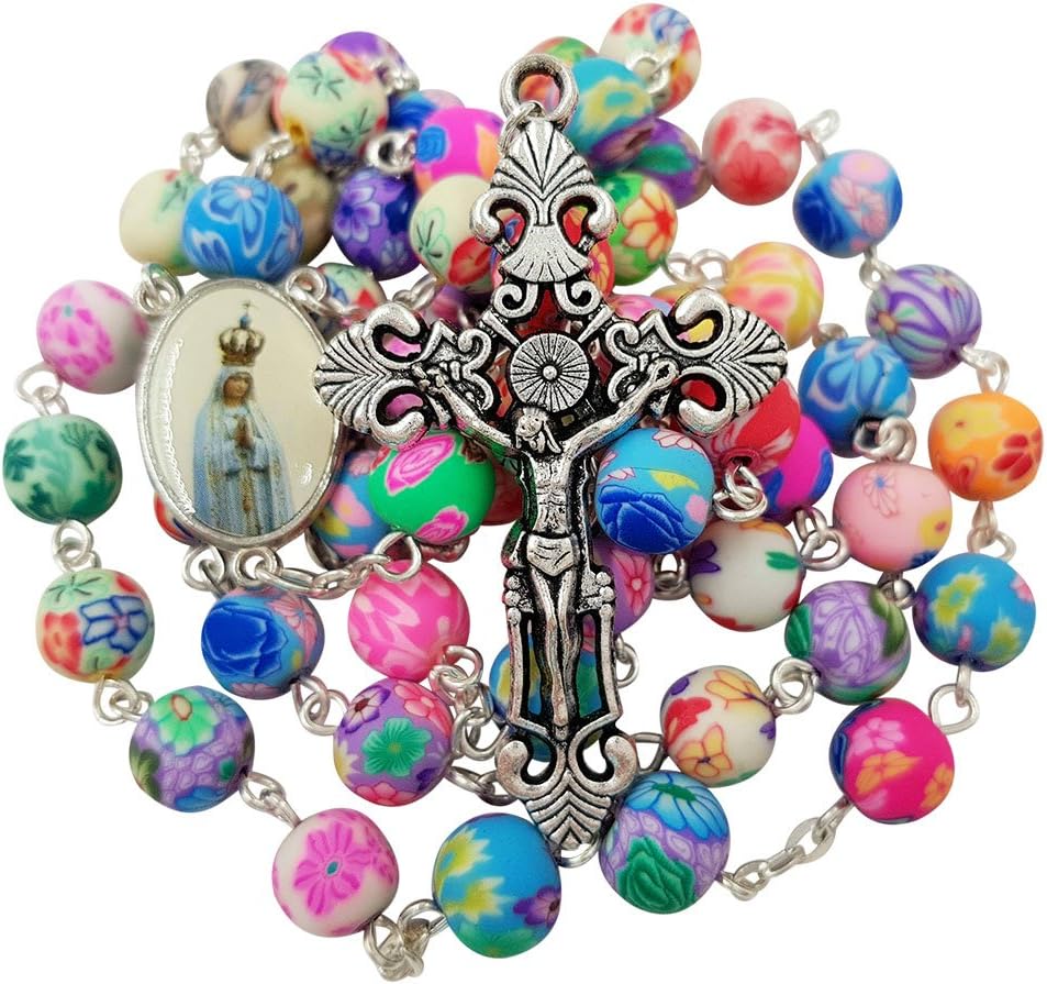 TALISMAN4UCATHOLIC ROSARY NECKLACE Colorful Polymer Beads Our Lady of Fatima Jesus Cross Holy Land Gift Rosary Pouch, Polymer Clay