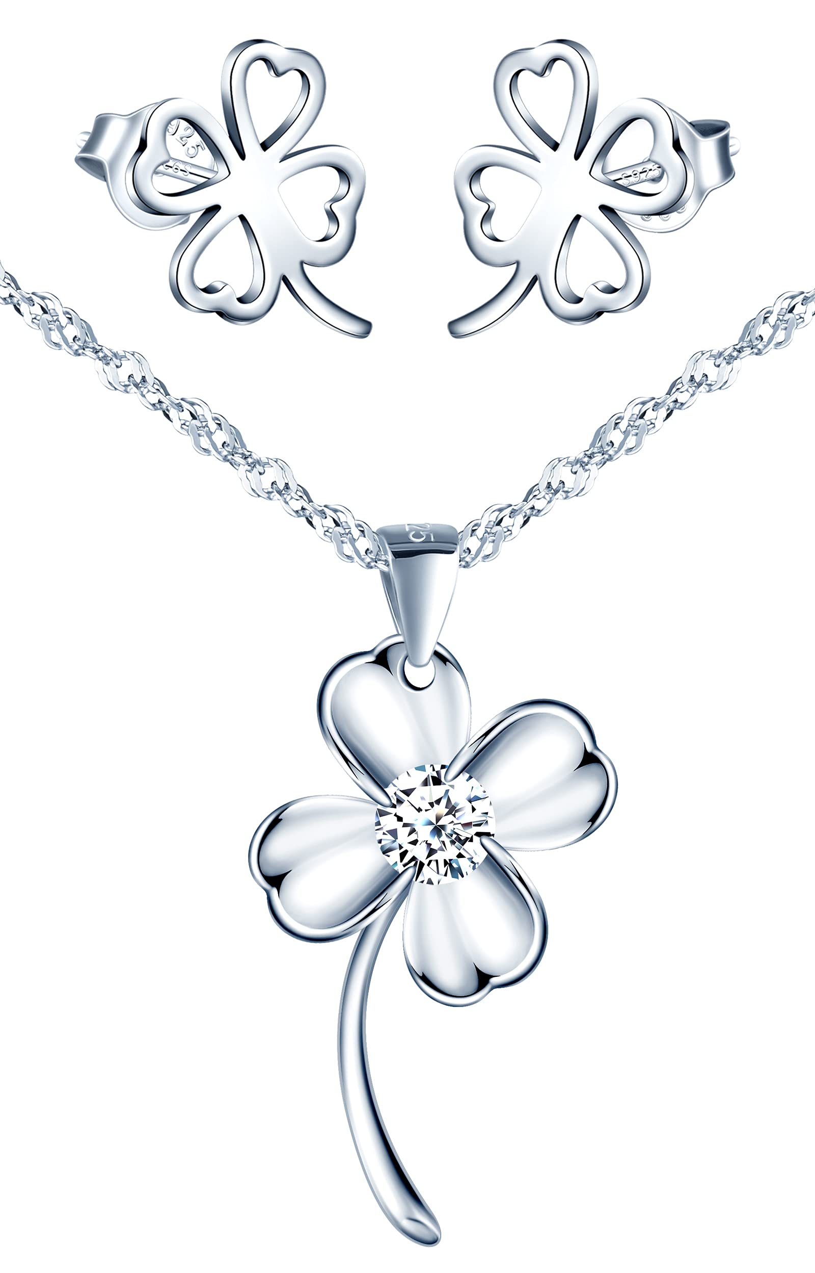 Yumilok collar para mujer pendientes colgante de plata de ley conjunto de trébol de la suerte conjunto de plata de ley 925 para mujer hermoso a la moda