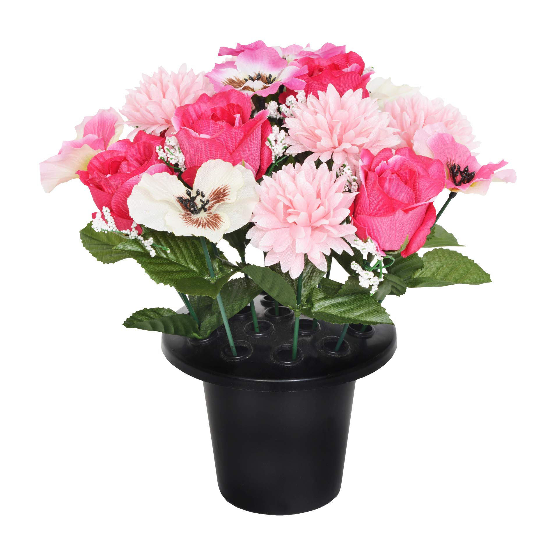 Everyday Floral Pink Artificial Pansy Chrysanthemum & Rose Grave Pot With 16 Flowers - Vase Insert Memorial