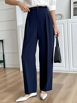 SECOLI Women's Straight Wide Leg Trousers Pants Navy Blue Elegant Straight  Leg Pants at Amazon Women's Clothing store