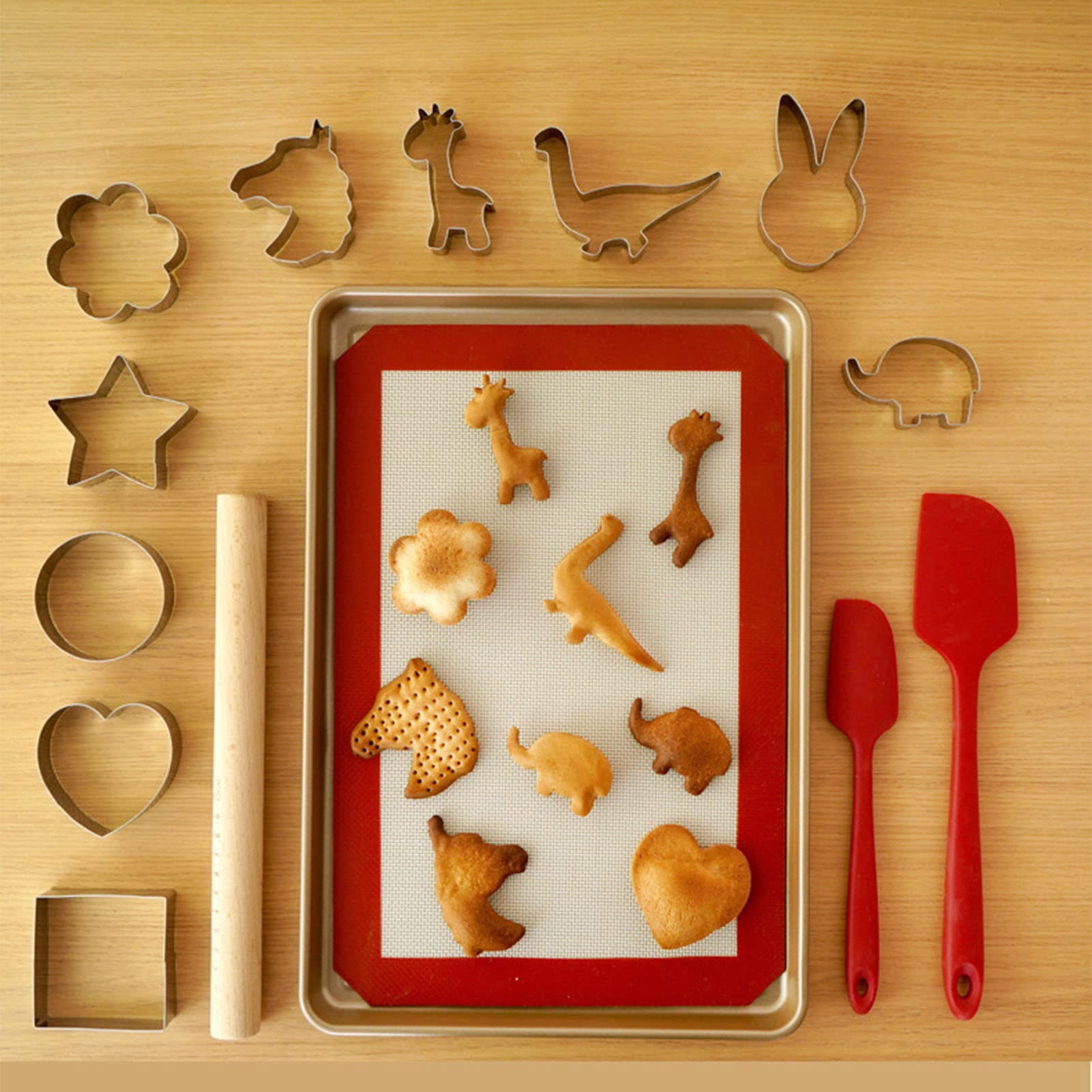 Juego de cortadores de galletas de acero al carbono, juego de utensilios para hornear galletas con bandeja antiadherente, estera de horneado, rodillo, espátula y pinza para