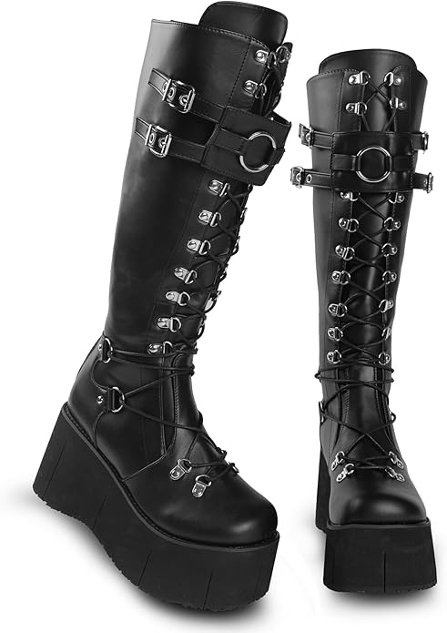 Gothniero Women’s Black Platform Goth Boots – Mid-Calf Lace-Up Chunky Heel Punk Rave Combat Booties
