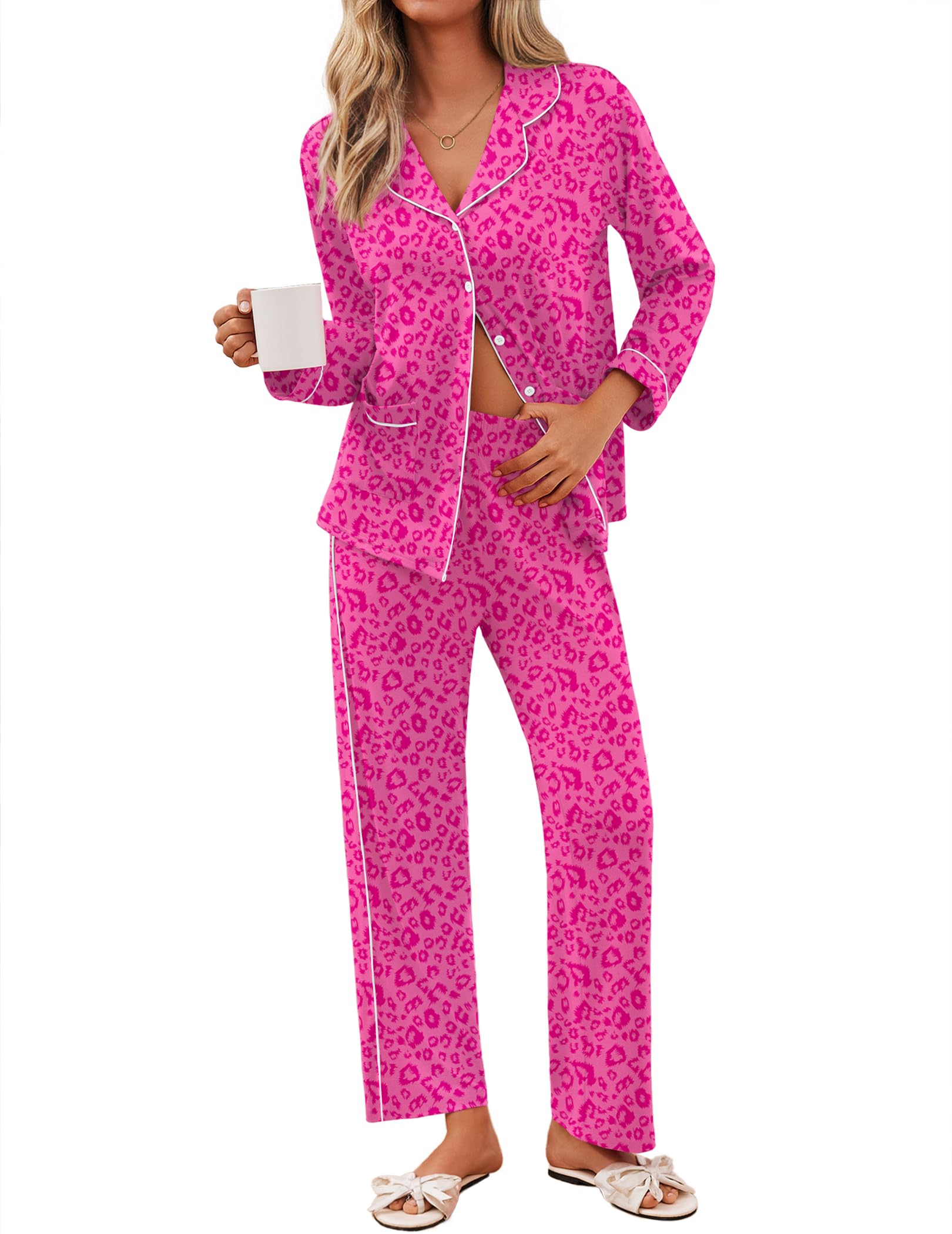 Ekouaer Pajamas for Women Set Button Down Pj Long Sleeve Shirt and Pants Lounge Sets Fall Sleepwear with