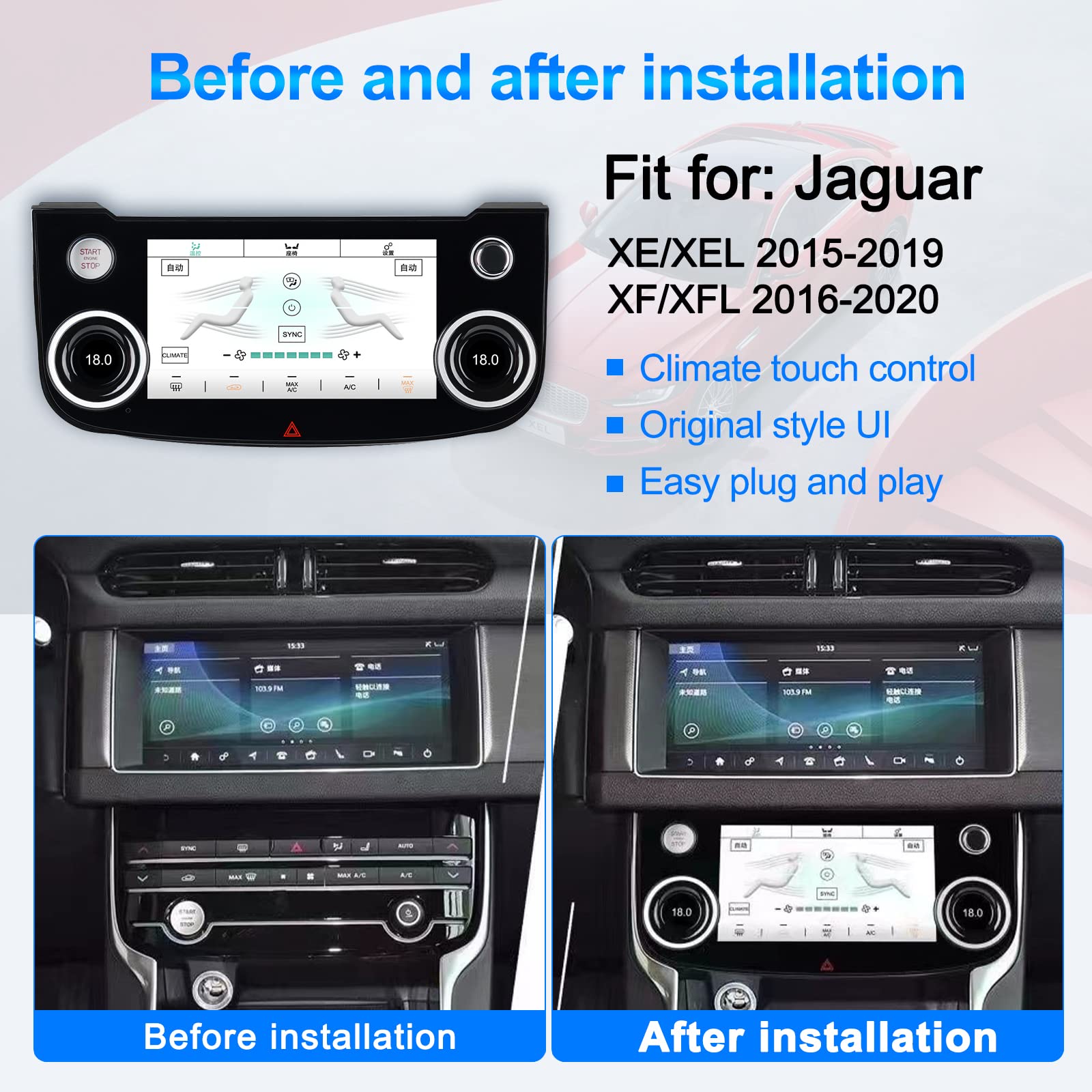 Scheda di Controllo Aria Condizionata Auto per Jaguar F-PACE/XE/XEF/XF/XFL 2015-2020 Android A/C Display LCD HD con Grandi Manopole, Doppio Pulsante Flash, Regolazione Clima