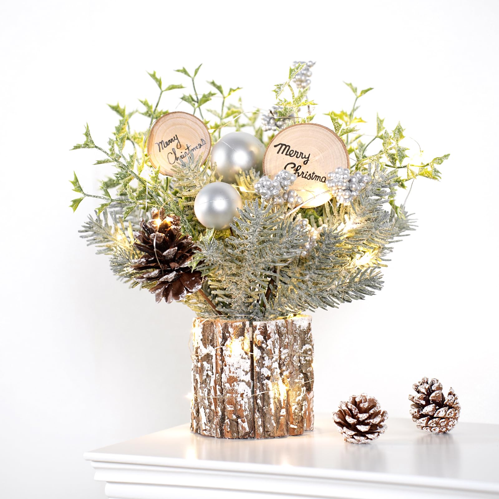 Small Table Top Christmas Tree with Lights, Mini Christmas Tree Decorations with Merry Christmas Pine Cones Berries Balls Ornaments for Home Party Office Centerpiece Indoor Decorations 12Inch, Silver