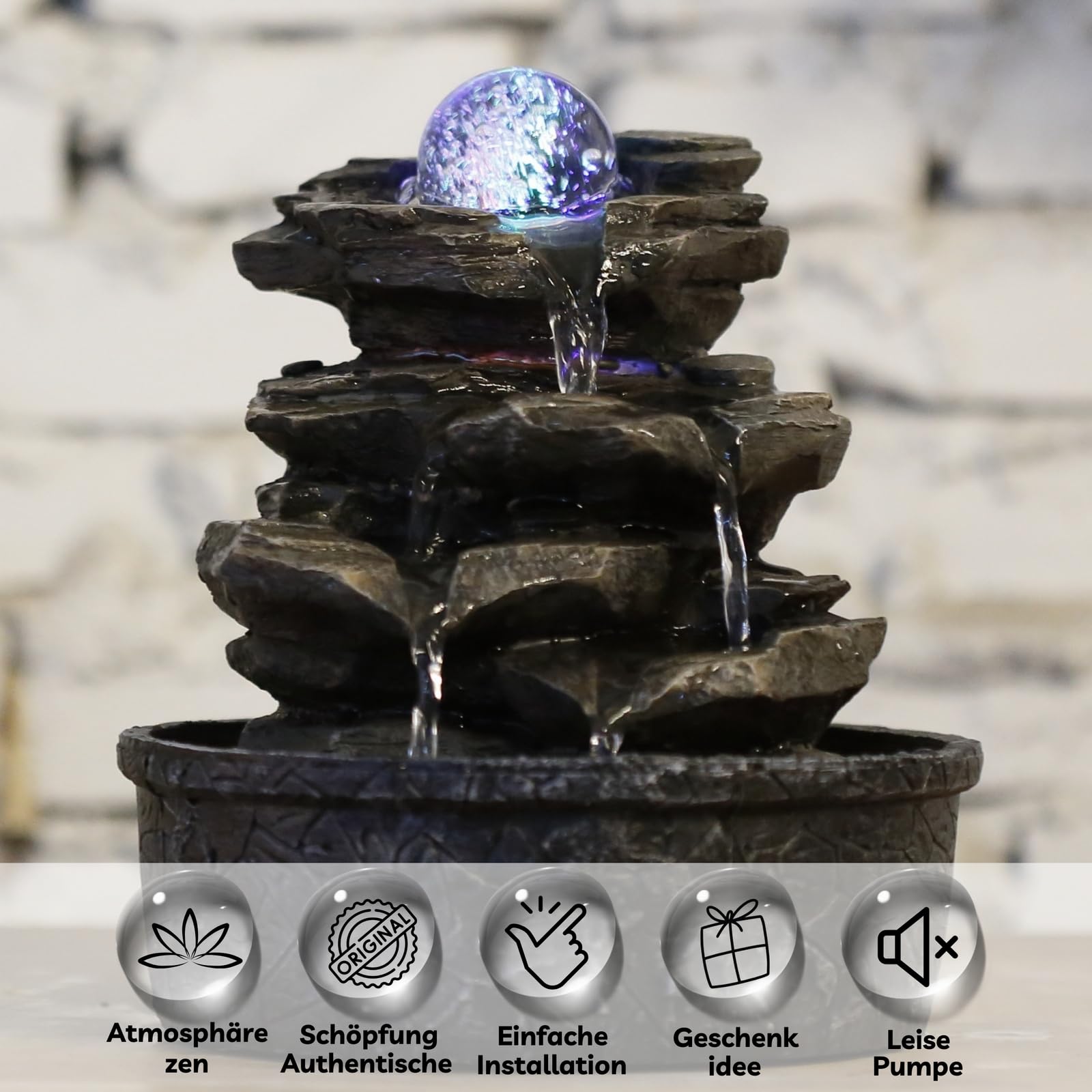 Zen'Light - Zimmerbrunnen Little Rock - Naturwasserfall mit Steineffekt und farbigem LED-Licht - Zen Tischdekoration Ideal für Meditation und Entspannung - Feng-Shui-Objekt Glück - H 23cm