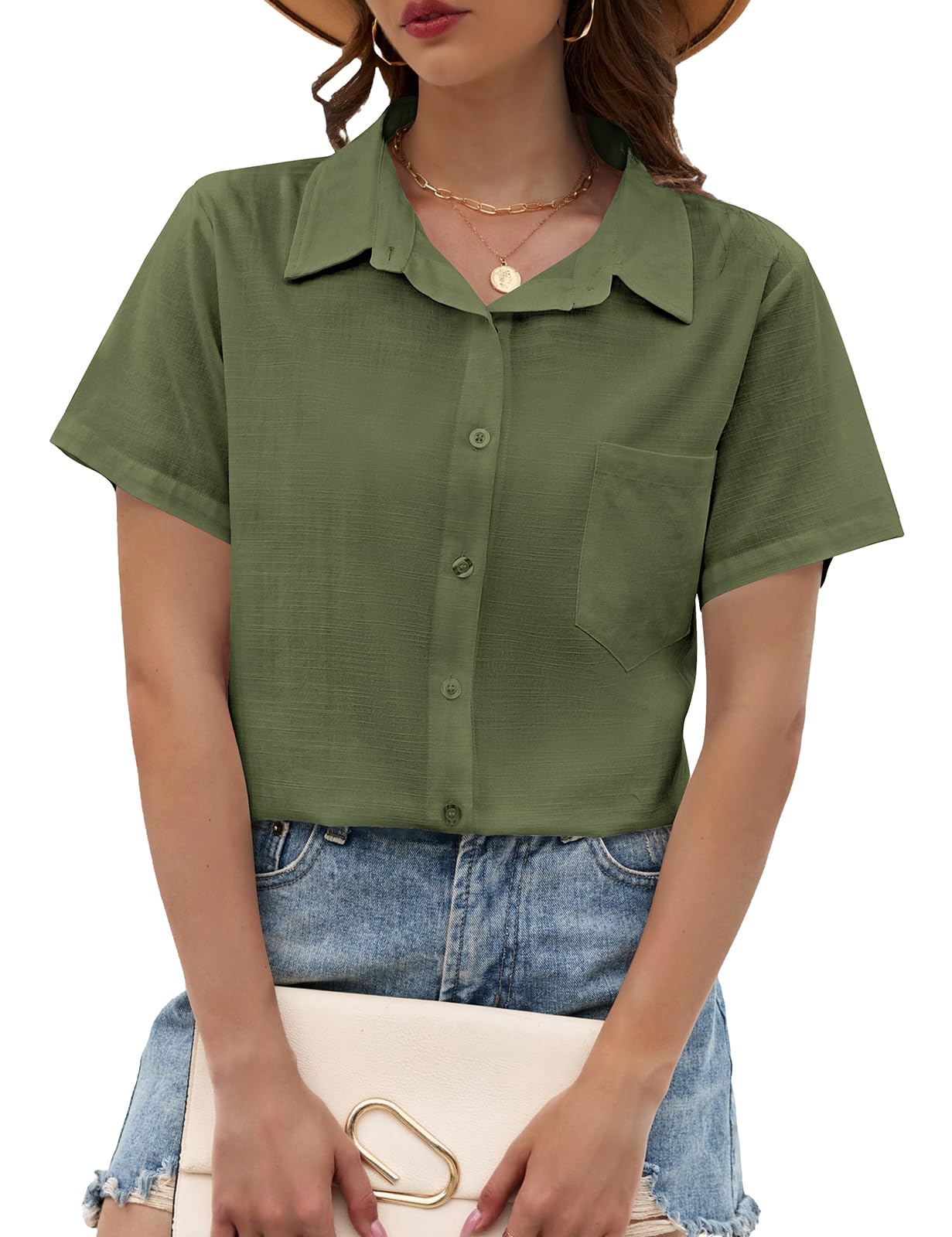 PASUDA Camicia Donna Estiva Blusa Elegante Manica Corta Cotone Lino Camicetta da Donna Maglia Estive Maglietta Casual Scollo a V con Bottoni T Shirt Tinta Unita Classico Tops