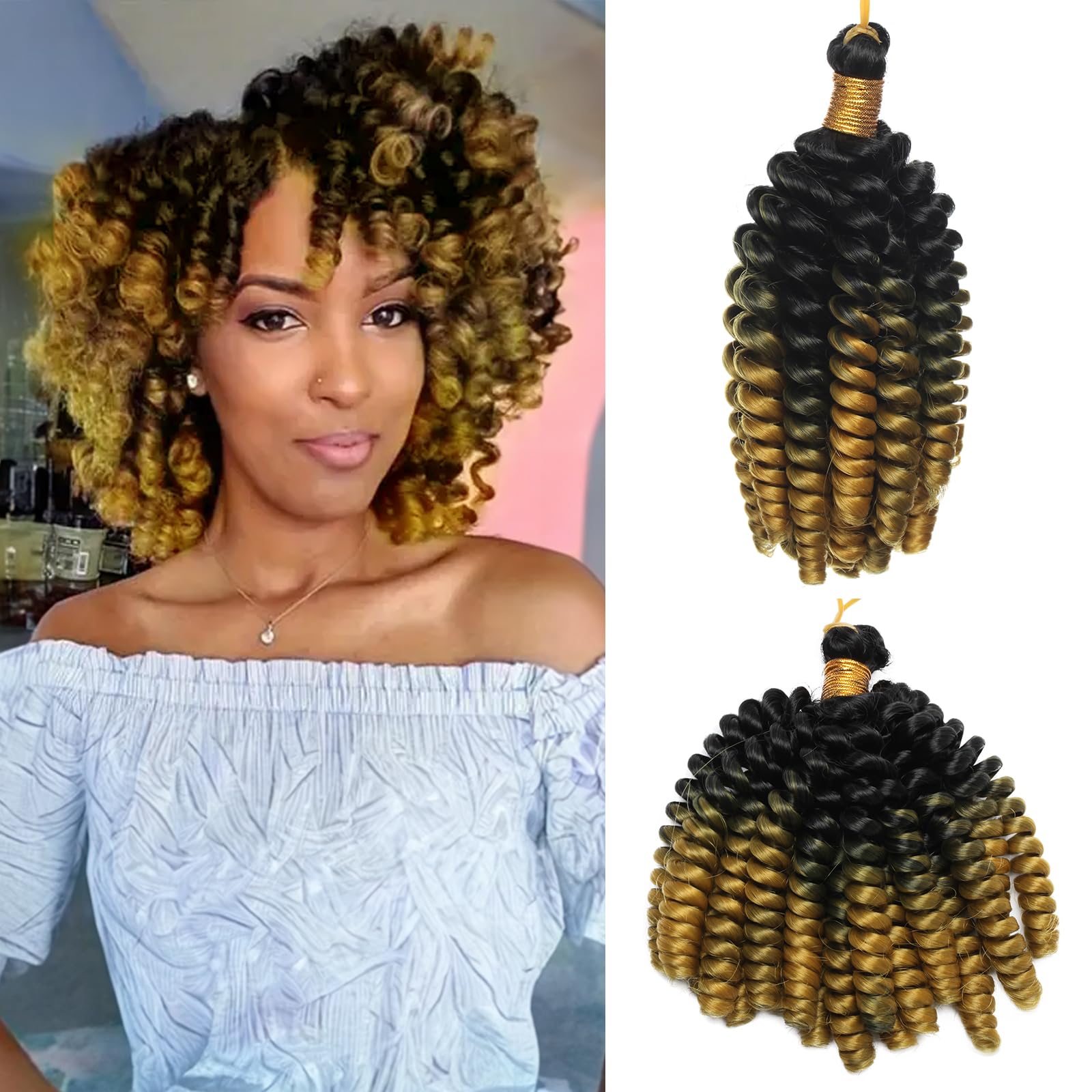 S-noilite Jamaican Bounce Crochet Hair 6 inch,Jumpy Wand Curls Short Pre Looped Curly Crochet Braids Hair-Extension Synthetic for Black Women,3 pack 180g,Black to Golden