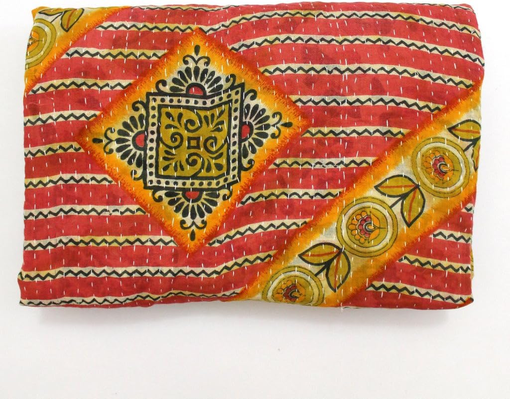 Vintage Throw Kantha Quilt Indian Handmade Bohemian Bedspread Reversible Cotton Ethnic Sari Fabric Embroidered Bedding Blanket Gudari