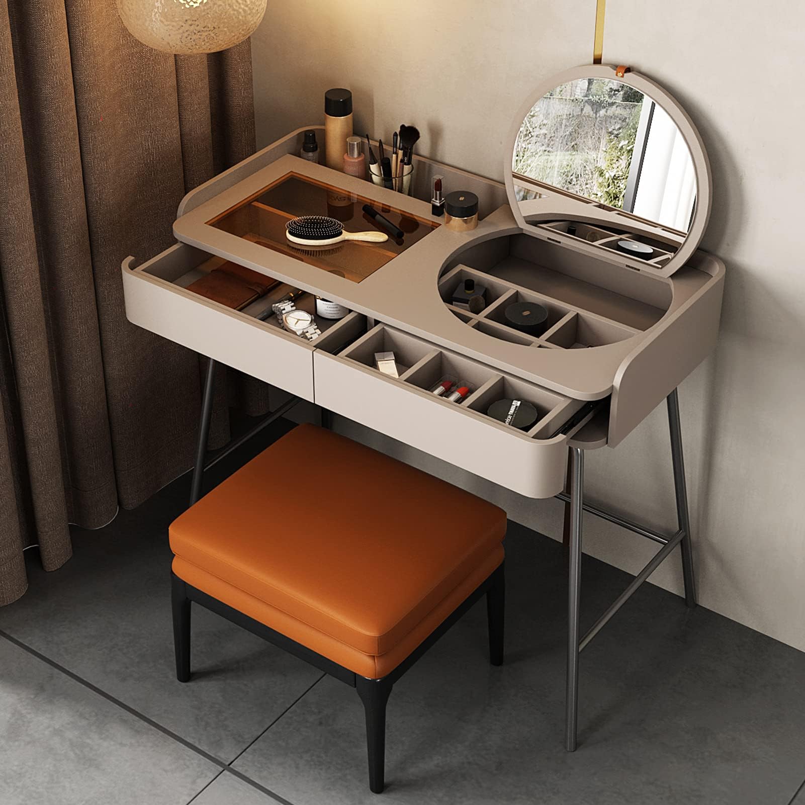 LartisStorage Dresser Makeup Stool Set, Vanity,can Also be Used as a Desk, flip-up Makeup Mirror Design,ash Wood Makeup Stool