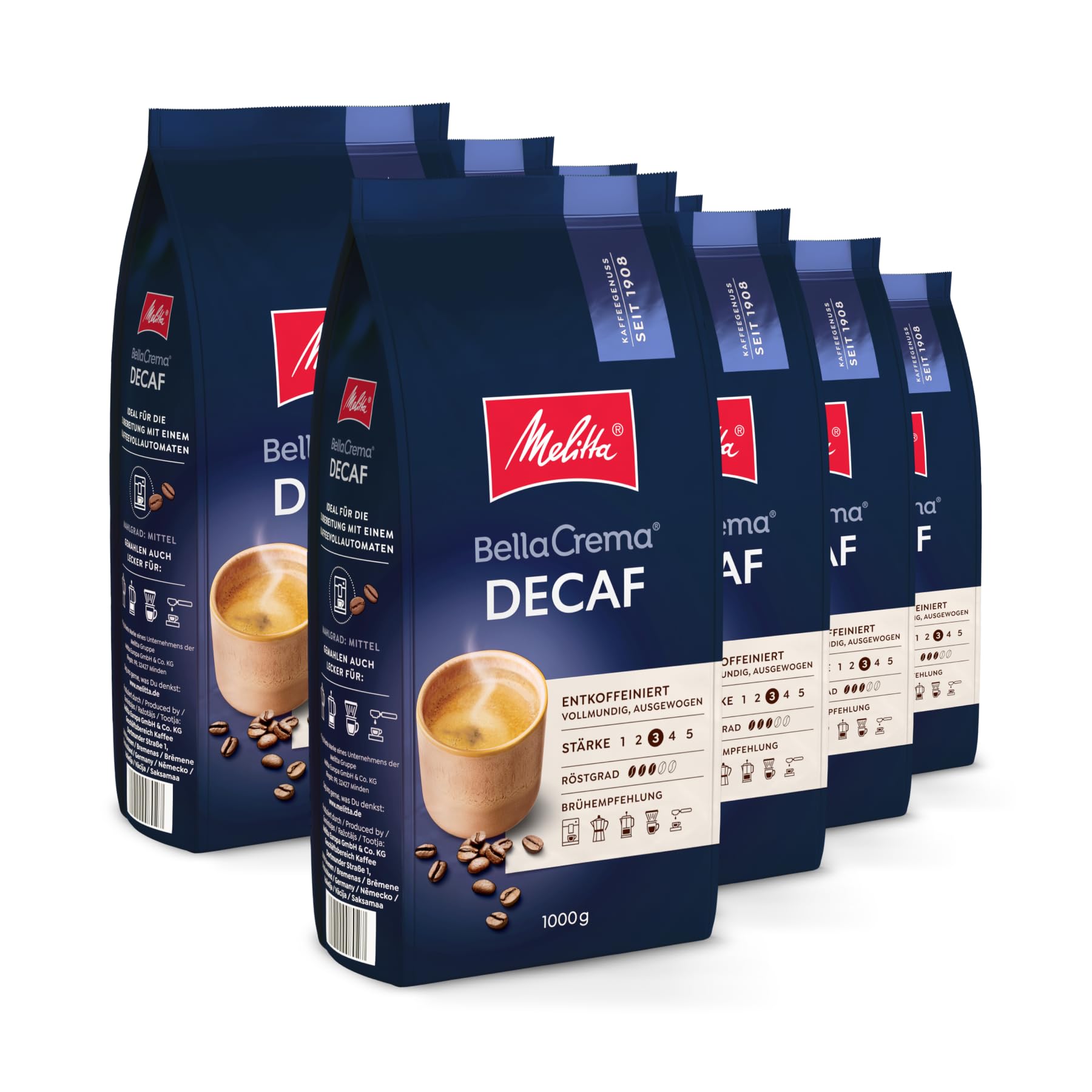 Melitta BellaCrema Decaf Ganze Kaffee-Bohnen entkoffeiniert 8 x 1kg, ungemahlen, Kaffeebohnen für Kaffee-Vollautomat, koffeinfrei, milde Röstung, geröstet in Deutschland, Stärke 3 | Vollmundig und ausgewogen, mittlere Röstung, geeignet für Vollautomaten