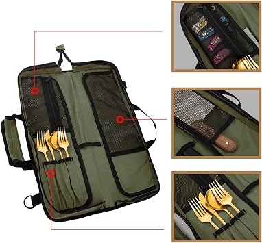 Chef Knife Roll Bag Case (12 Pockets),Heavy Duty Waxed Canvas Chef Knife Roll Bag Storage with Handle,Knife Carrying Case Multi-function Knife Tool Roll Bag for Home Kitchen Traveling (army green)