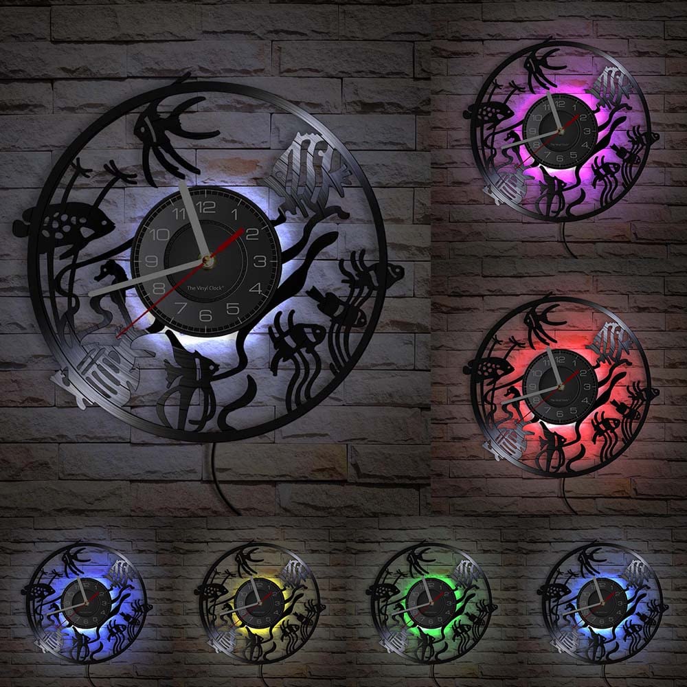 Orologio da parete in vinile, orologio analogico a tema biologico marino, luce notturna a LED con telecomando, decorazione da parete regalo orologio da parete!