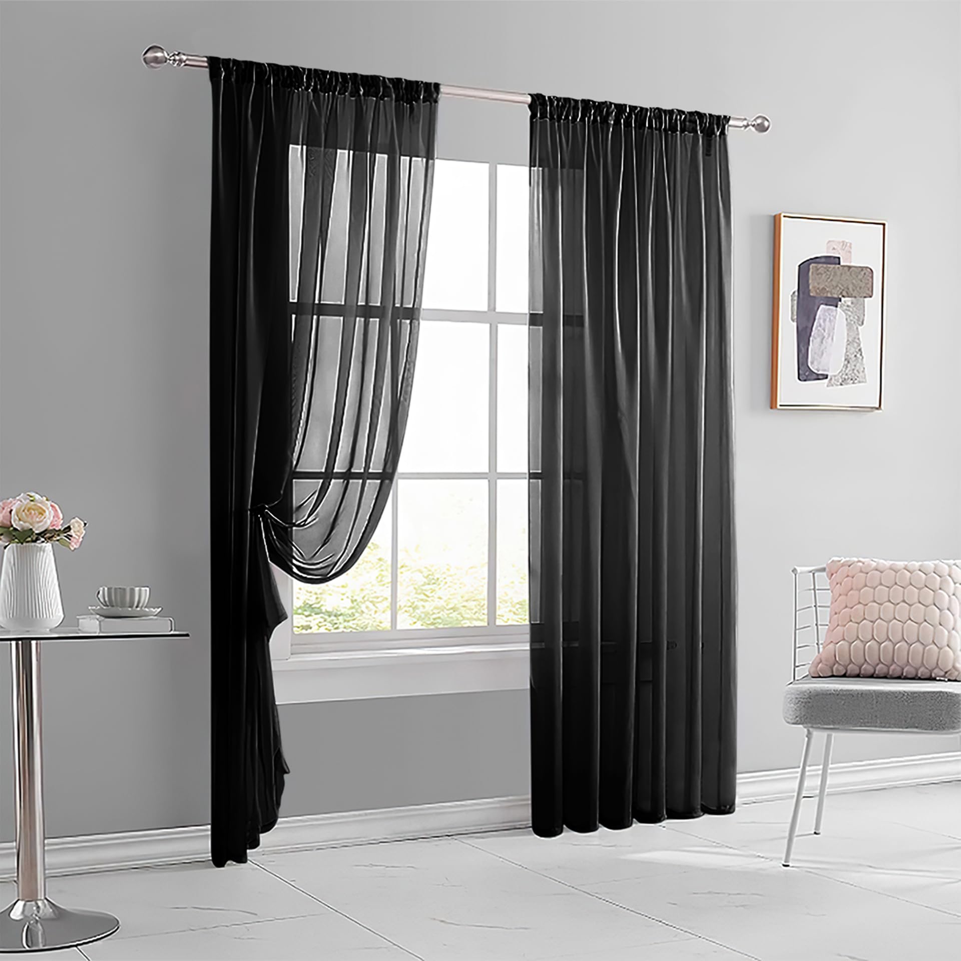 AMZYU Sheer Curtains for Living Room 195 x 260 cm Semi Transparent Sheer Curtains Short Wrinkle Resistant Solid Colour, Privacy Protected for Bedroom Patio Door, Black